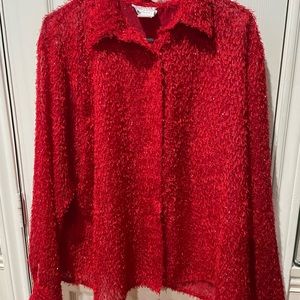 Vintage  “JORDAN WOMAN” Beautiful Red Shiny Glittery Long Sleeve Button Blouse